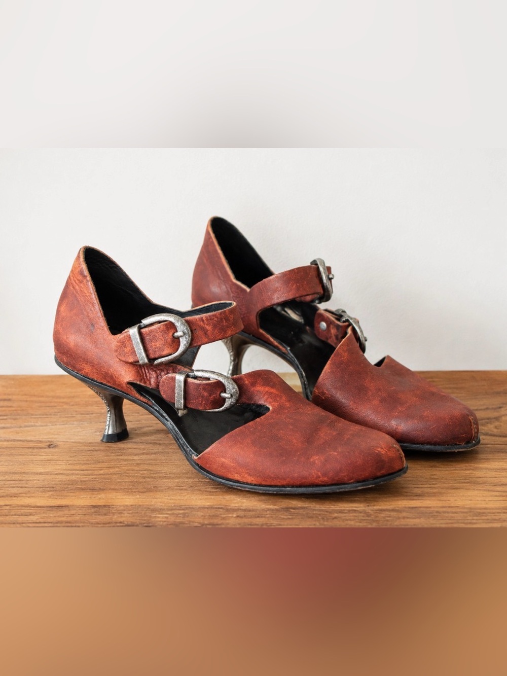 CYDWOQ Science Leather Double Buckle Kitten Heel Shoes Red EU 36.5 US 6 Handmade